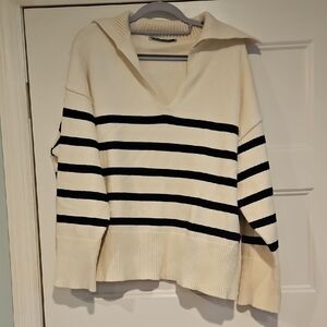Zara V-Neck Sweater - Cream and Black Stripes L